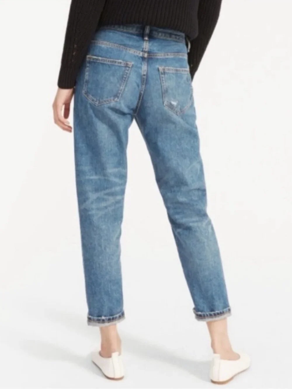 Everlane O-S Boy Friend Distressed Cropped Blue Jeans 25